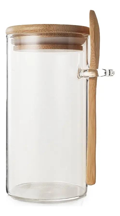Frasco Hermético Vidrio Con Tapa Cuchara Bambú Otten 370 Ml Marrón Claro