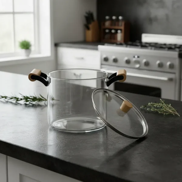 Olla De Vidrio Templado Con Tapa Y Asas Bambu 5.5 Lts Otten Transparente