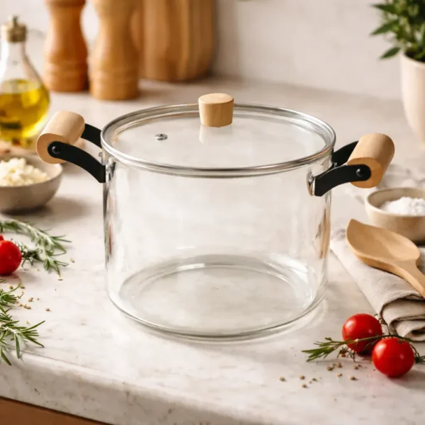 Olla De Vidrio Templado Con Tapa Y Asas Bambu 5.5 Lts Otten Transparente